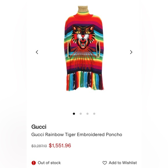 New Gucci Rainbow 100% Wool Poncho with Tiger and crystals fringes L - Picture 3 of 16